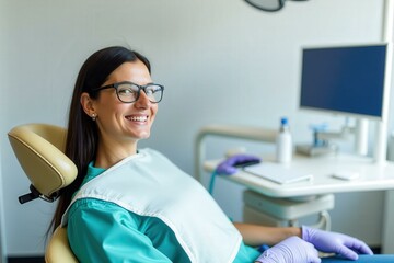 Dental Clinic Experience: Smiling Patient in Comfortable Chair, Ready for Procedure