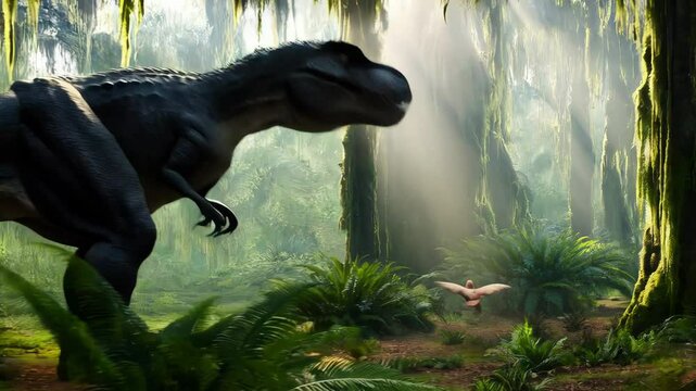 Dodo bird runs from a t-rex in a lush jungle, showing prehistoric danger and survival