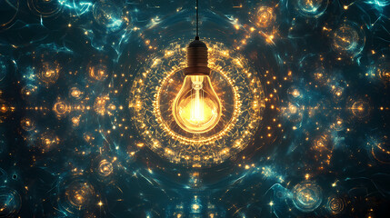 Glowing light bulb and shimmering star motifs in abstract geometric design concept. Nirvana. Illustration