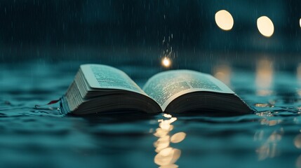 Open book in rain at night.