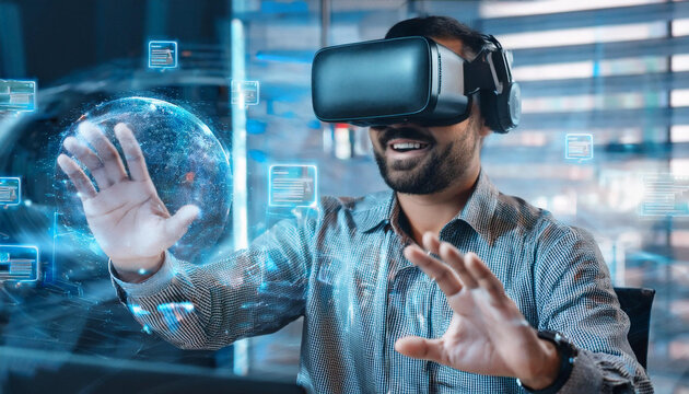VR Exploration: A Man Smiles with Joy as He Interacts with a Digital World Through VR Headset, Exploring a Globe and Other Interactive Elements.  