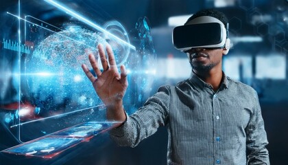 Exploring the Metaverse: A focused man uses a VR headset to interact with a holographic globe, showcasing cutting-edge technology and the boundless possibilities of virtual reality.