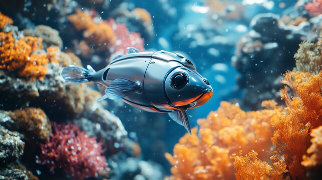 Robotic fish swimming amidst vibrant coral reef.