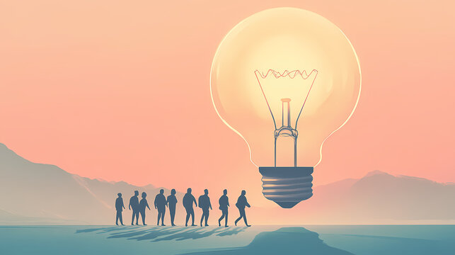 Illustration of tiny people walking towards a light bulb, representing the pursuit of ideas, innovation, and intellectual enlightenment. Nirvana. Illustration