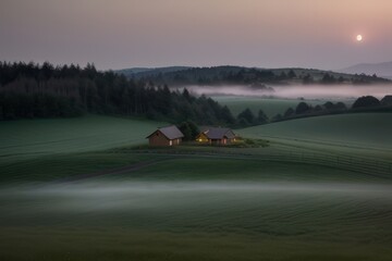 Fototapeta premium Misty Morning Serenity: Secluded Cabins in the Rolling Hills