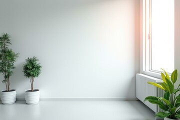Obraz premium Minimalist Interior with Green Plants and Warm Sunlight - Perfect for Home Decor and Relaxation