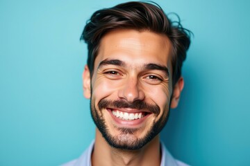 Fototapeta premium Smiling Man with a Beard and Mustache on a Blue Background