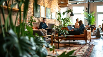 Fototapeta premium Co-working Space: A shared office where freelancers and small businesses can rent desks, enhancing collaboration, networking, and creative teamwork. 