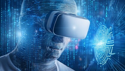 Into the Digital Realm: A man wearing a VR headset is immersed in a digital world, surrounded by swirling data and binary code. The image captures the transformative potential of virtual reality.