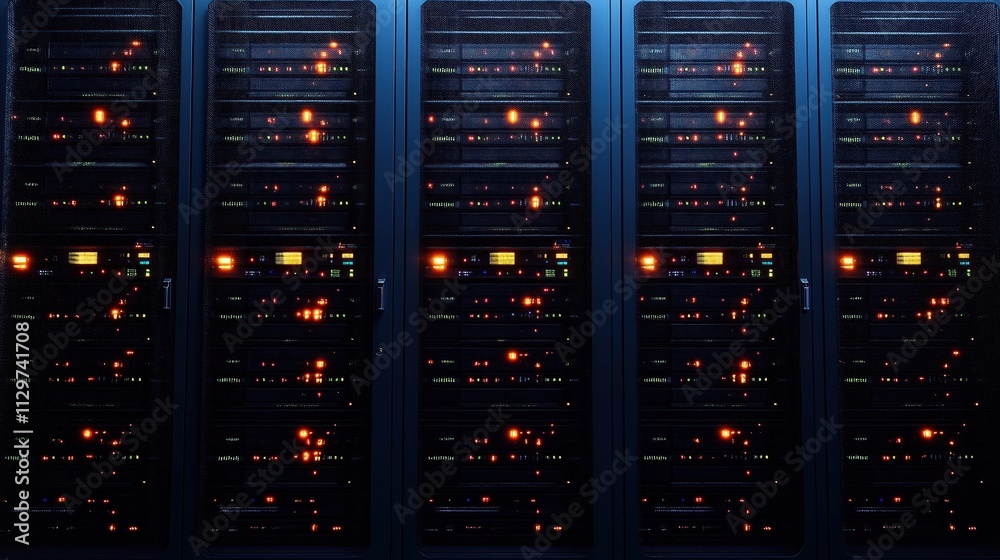 Poster data center server racks filled with tech equipment. many glowing lights illuminate dark server room