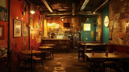 Atmospheric Bar Interior With Wooden Tables And Chairs