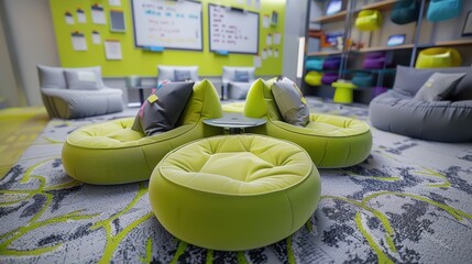 Collaborative Space: A dynamic area encouraging collaboration, with comfortable seating, writable surfaces, and technology to support group work and creative brainstorming.

