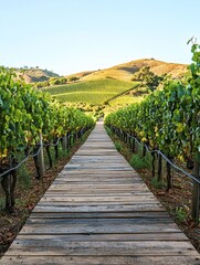 Obraz premium A wooden pathway leading through a vineyard, with rows of grapevines on either side and rolling hills in the background