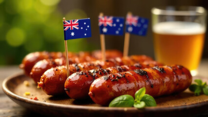 A close-up shot of several delicious grilled sausages adorned with tiny Australian flags and a sprig of basil, with a glass of beer in the background. Concept of an Australia Day barbecue.