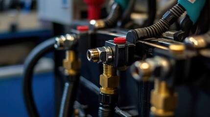 Close-up view of industrial pneumatic tools connected to a compressed air system, with hoses and valves visible. The setup showcases precision and technology in a manufacturing.