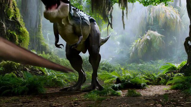 Tyrannosaurus rex dinosaur is chasing a Dodo bird through a lush jungle, showcasing the dangers of the prehistoric world