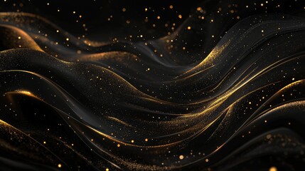 Craft a deep black background with faint golden waves and softly shimmering light particles, exuding a refined sense of elegance