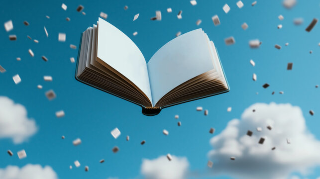 An open book magically floats in the sky, surrounded by confetti, other books and clouds.