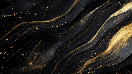 Craft a minimalist black background with thin golden lines gently curving, highlighted by scattered gold dust for a refined touch