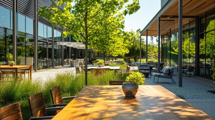 Outdoor Work Area: A tranquil outdoor space equipped with tables, chairs, and Wi-Fi access, allowing employees to enjoy fresh air while working productively. 