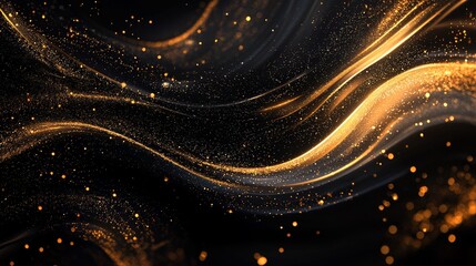 Craft a smooth black background with luminous golden swirls, subtly interwoven and accentuated with tiny