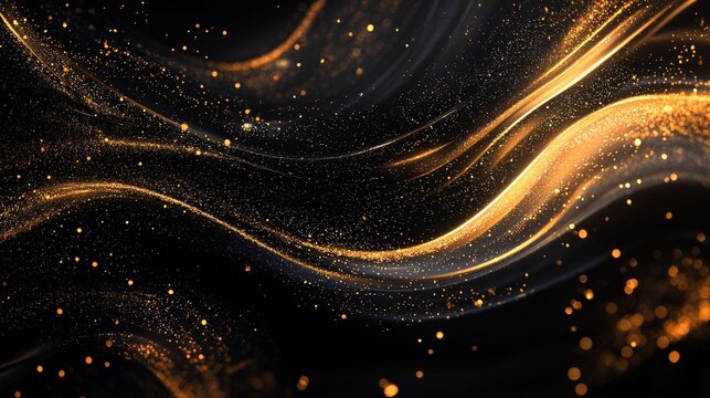 Craft a smooth black background with luminous golden swirls, subtly interwoven and accentuated with tiny