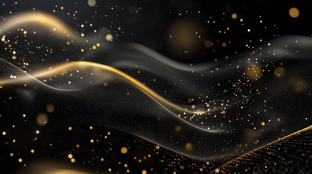 Craft a smooth black background with softly glowing golden particles and a subtle wave pattern, adding a touch of elegance