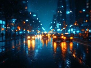 Obraz premium Night Cityscape Rain Streaked Reflections Gleaming Lights