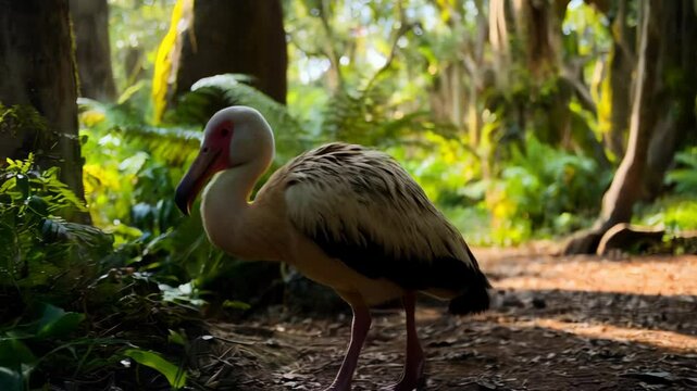 Dodo bird wanders through a lush tropical forest, searching for food in the serene environment
