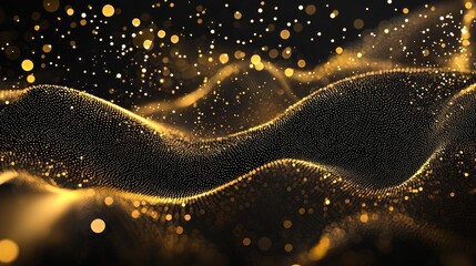 Create a rich black background with softly glowing golden particles forming an abstract, flowing pattern