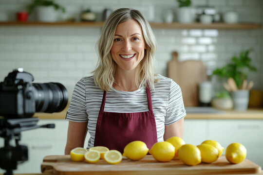 A woman in her thirties, with blonde shoulder-length hair, records an animated cooking video.