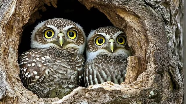 An adorable image of two tiny spotted owlets peeking out of a cozy tree cavity, with their big round eyes and fluffy feathers making them look incredibly cute and endearing.