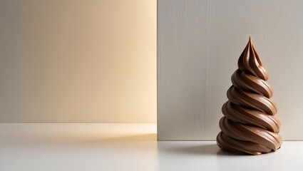 Mousse chocolate Christmas tree made of soft creamy brown swirls, banner in mocha mousse style with light background and place for text