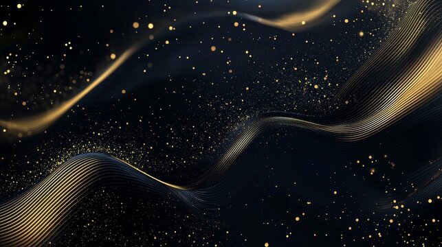 Design a wavy black background with delicate gold particles forming abstract patterns, conveying an aura of sophistication and luxury