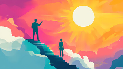 A mentor coaching an individual to success, with symbolic steps and a rising sun. Nirvana. Illustration