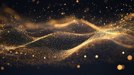 Generate a dark background featuring a wave of golden particles gently sweeping across, creating a sense of motion and elegance