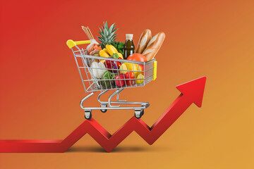 Shopping cart filled with groceries atop red arrow symbolizes market growth