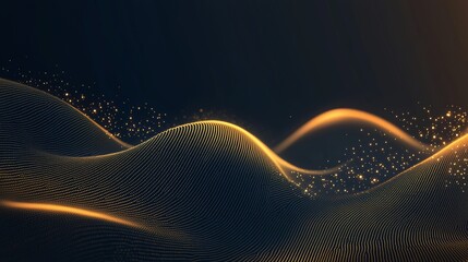 Generate a minimalist dark background with soft golden waves that subtly curve, accompanied by tiny
