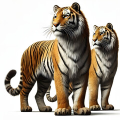 Obraz premium Two male femail Tiger looking hunt isolated on a white background, Side view, tiger standing full HD image generated by Ai. full body, realistic, full detail looking at the camera.