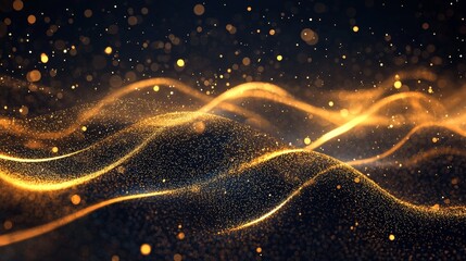 Generate a rich black background with softly glowing golden particles that form gentle, wave-like curves across the canvas