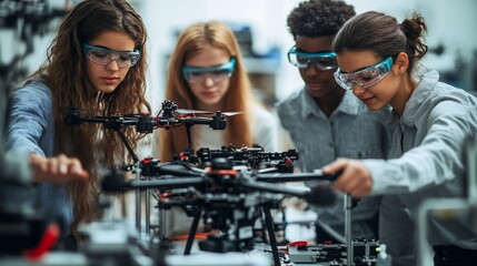Diverse group of teenagers collaborating on a drone project in a classroom setting.