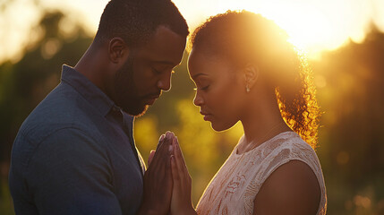African american man and woman praying together outdoors in nature, sun rays in the background. spiritual peace, christian believer, biblical hope, asking for forgiveness, male and female couple.