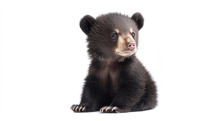 Cute brown or black bear cub isolated on white background. young wildlife mammal, furry grizzly baby, adorable funny small animal sitting.