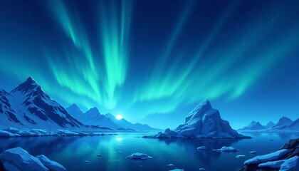 Northern lights illuminating icy water and snowy peaks at night.Majesty. Serenity. A celestial dance over the arctic wilderness.Posters, wallpapers, travel brochures, game backgrounds, inspirational

