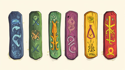 Colorful wooden runes: symbols, history, and crafts. Runestone. Illustration