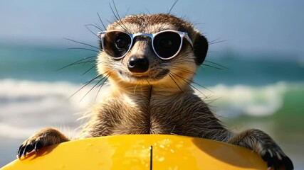 A cute Meerkat surfer enjoys a fun-filled summer day at the beach, riding waves with enthusiasm, Ai Generated.