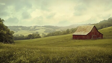 Obraz premium Peaceful Rural Farm Landscape with Red Barn and Rolling Hills