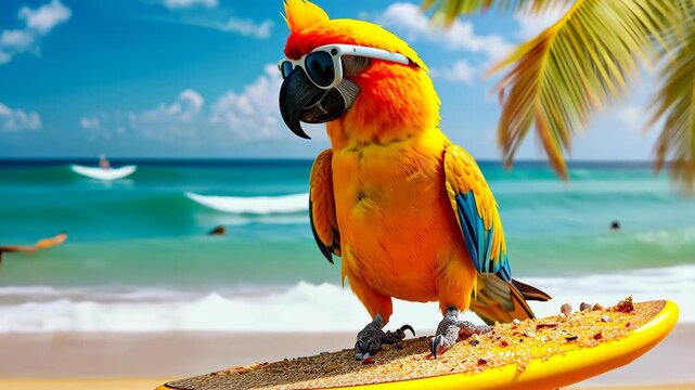 A cute parrot surfer enjoys a fun-filled summer day at the beach, riding waves with enthusiasm, Ai Generated.