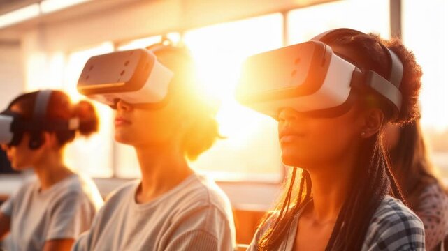 University students wearing VR headsets in modern classroom, engaged in immersive virtual learning experience. Young women sitting in a row, exploring virtual reality for education and training