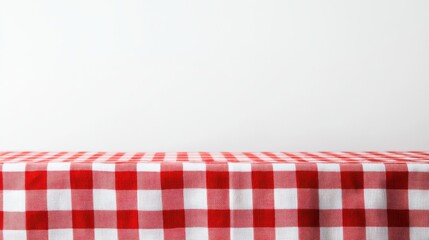 A vibrant red and white checkered tablecloth drapes over a table against a minimalistic white background.